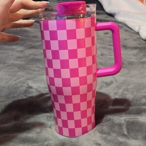 Vibrant Pink Checkered Tumbler with Handle 30oz
